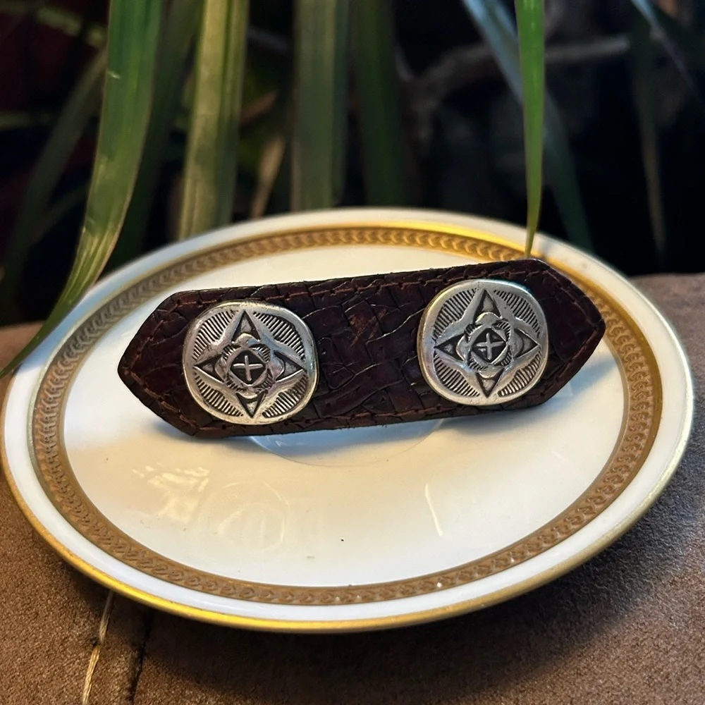 Vintage Brown Leather & Silver Metal Barrette